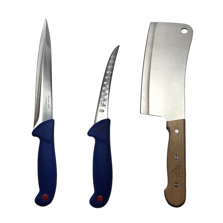 Set profesional de macelarie, injunghiat, transat, filetat, dezosat, 2 cutite, satar, Dactylion®