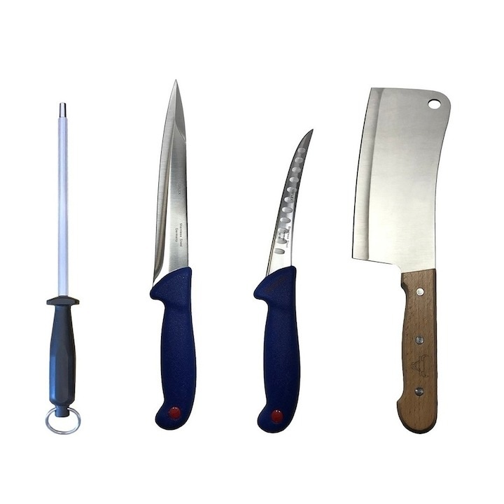 Set profesional de macelarie, injunghiat, transat, filetat, dezosat, 2 cutite, masat pentru ascutit, satar, Dactylion®