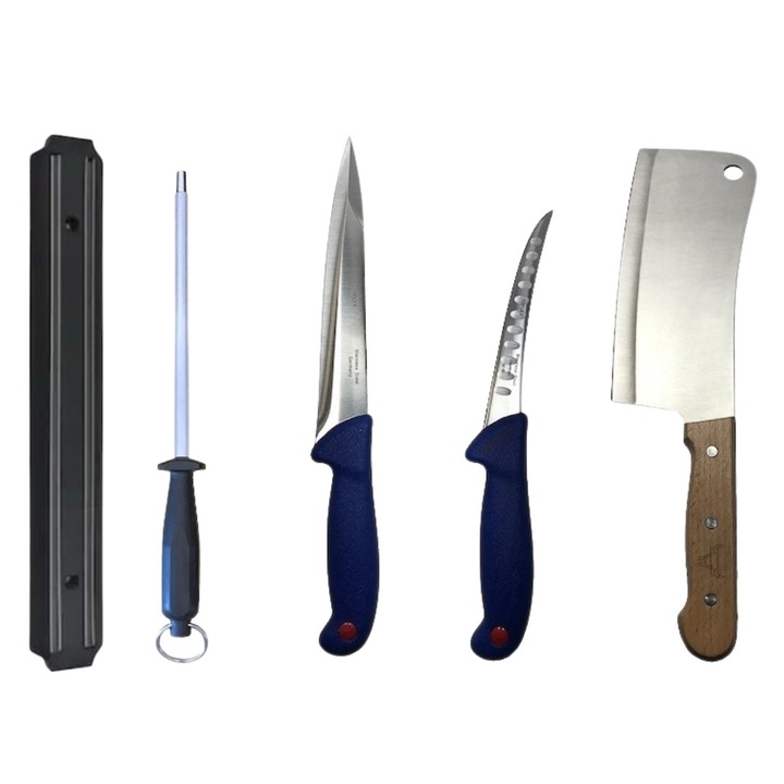 Set profesional de macelarie, injunghiat, transat, filetat, dezosat, 2 cutite, masat pentru ascutit, satar, suport magnetic, Dactylion®