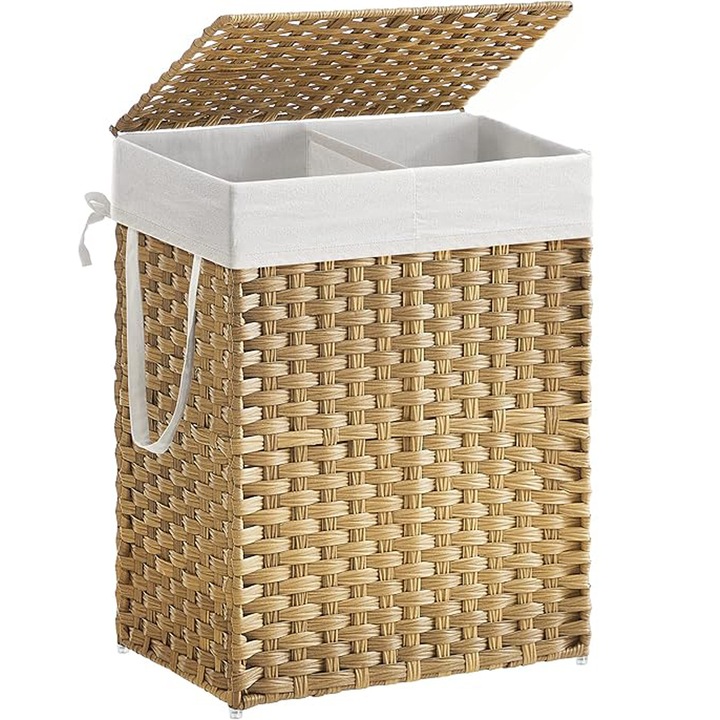 Кош за пране с капак, синтетичен ратан и подвижна чанта, 90 л, 46x33x60 см, естествен цвят