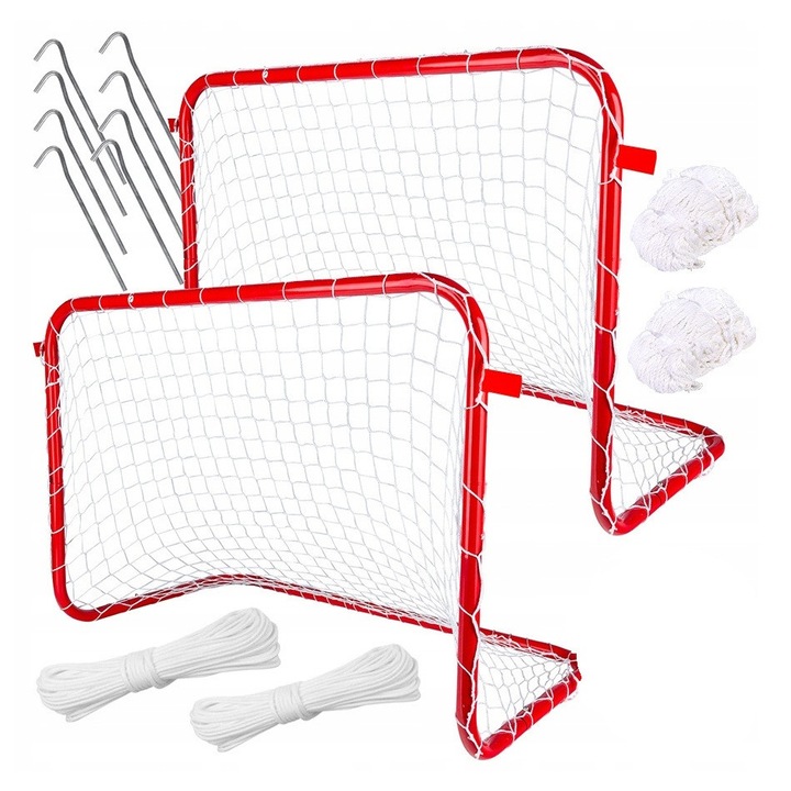 Set 2 porti de fotbal, Zola, 78 x 45 x 56 cm, plasa, cadru de otel, 8 cuie pentru fixare, 2 franghii, rosii