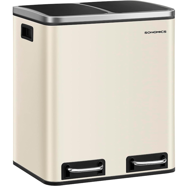 Cos de gunoi dublu 41x32x47 cm, 2x15L, pedale separate, capac soft-close si galeata detasabila, bej si negru