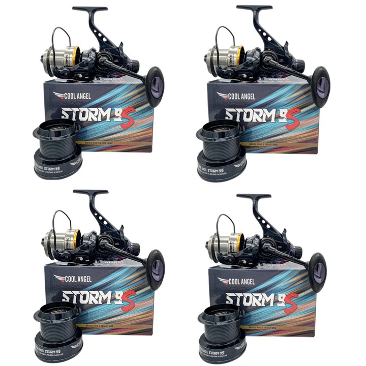 Set 4 Mulinete Cool Angel Storm 9S Long Cast cu Baitrunner, Tambur 9500, 13 Rulmenti