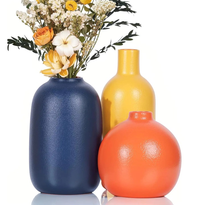 Set 3 Vaze Decorative Elindor® din Ceramica, Ideale pentru Flori, Cadou de Casa Noua, Vaza Decorativa pentru Interior sau Exterior, Living, Birou, Dormitor, Hol, Terasa, Finisaj Mat Texturat, Portocaliu, Galben, Albastru