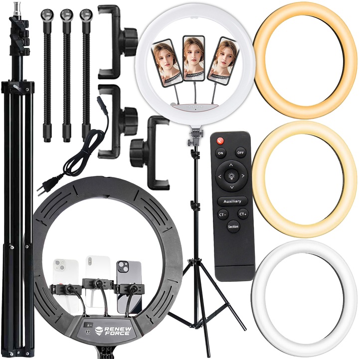 Lampa circulara fotografica Ring Light, 240W, diametru 45 cm lumina rece, calda si neutra, 10 niveluri de ajustare, Photo, MakeUp cu trepied 210cm inclus + Telecomanda selfie bluetooth pentru telefoane si tablete, 3 x Suport Telefon, Renew Force ZD150