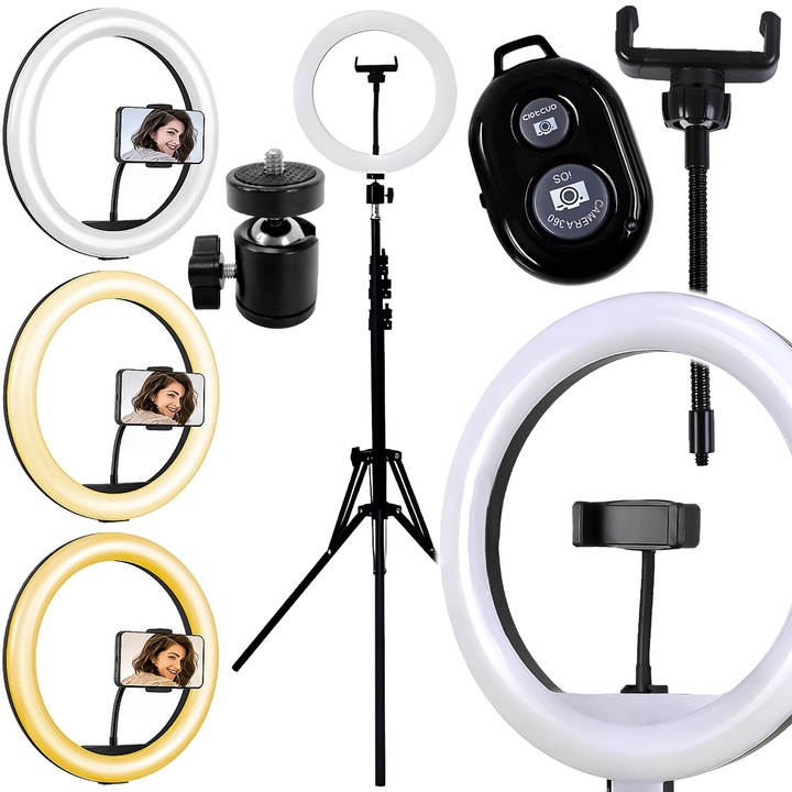 Lampa circulara Ring Light, diametru 25cm LED, conectare USB, 3 moduri de lumina, 2500-6500K, 10 trepte reglaj, suport telefon, telecomanda selfie, trepied 210cm inclus, pentru TikTok, Vlog, Make-up, Selfie, Renew Force RL-11