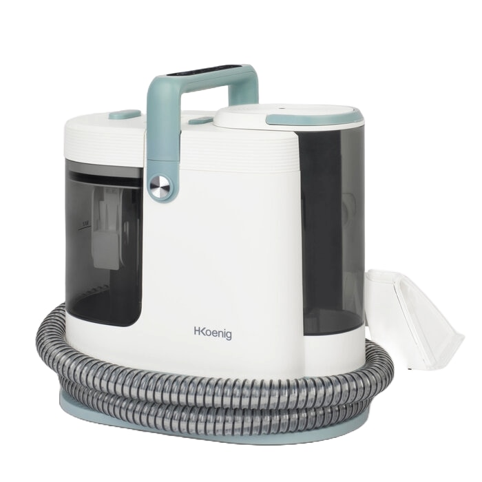Aparat de curatat cu aburi pentru textile si tapiterie H.Koenig, TWT99, curata si igienizeaza canapele/covoare/saltele, apa rece/apa calda/aburi, temperatura max. 60°C, 2 nivele aspirare, rezervoare pentru apa curata si apa reziduala, ecran tactil, alb
