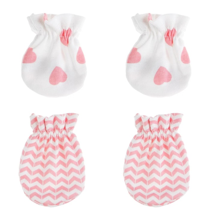 Manusi din Bumbac Albe Roz cu Inimi Zigzag pentru Bebelusi - 2 perechi