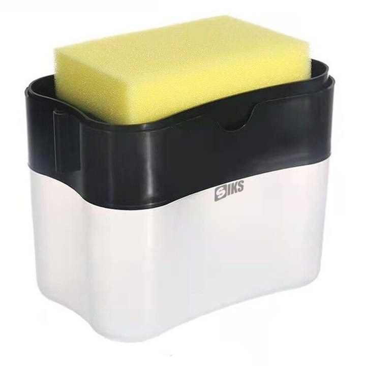 SIKS 2 az 1-ben szappanadagoló, folyékony mosószer, szivacstartóval, konyhába, fürdőszobába, űrtartalom 380 ml, szivaccsal, fekete/átlátszó