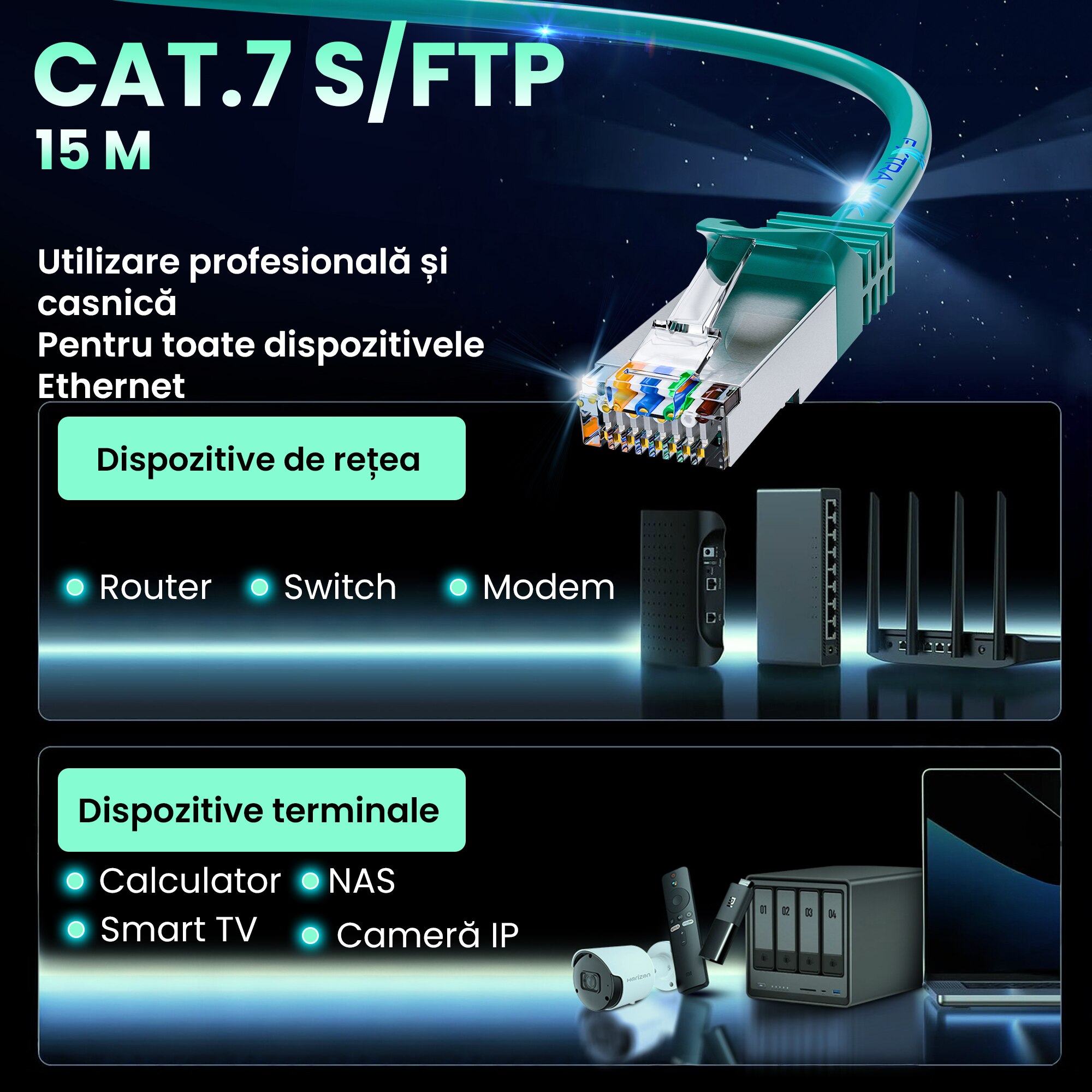 Cablu de retea Extralink Cat 7 S FTP 15 m 20G verde patchcord LAN din ...