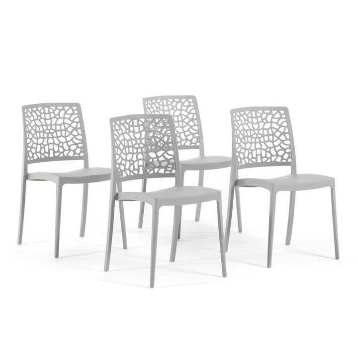 Set de 4 Scaune ALINA - Polipropilena cu Fibra de Sticla, Monobloc si Stivuibile, Design Inspirat din Natura, Gri Deschis