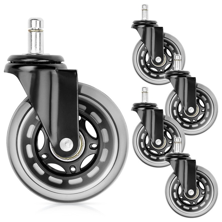 Комплект колелца за офис столове Vilde гумени безшумни и устойчиви диаметър 7,5 см ос 10 мм 5 бр