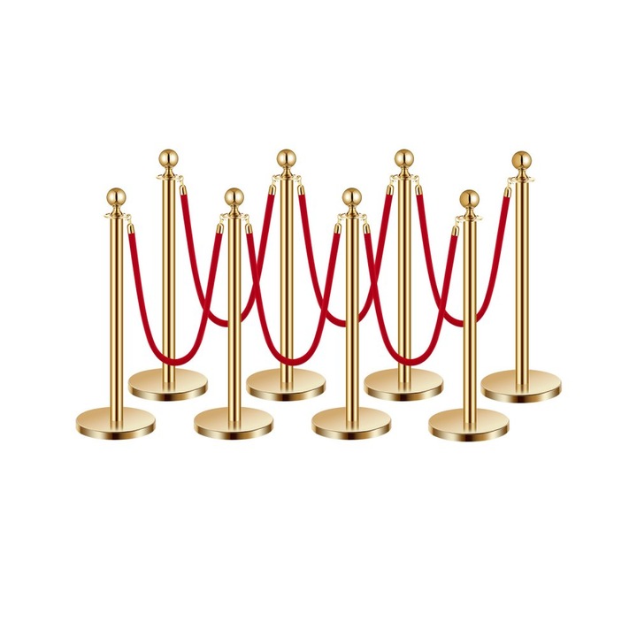Stalp Bucuri de Aur cu 6 Corzi Catifea Rosie, Set de 8 Bucati, Baza Injectata cu Nisip, Stabil, Durabil, Elegant