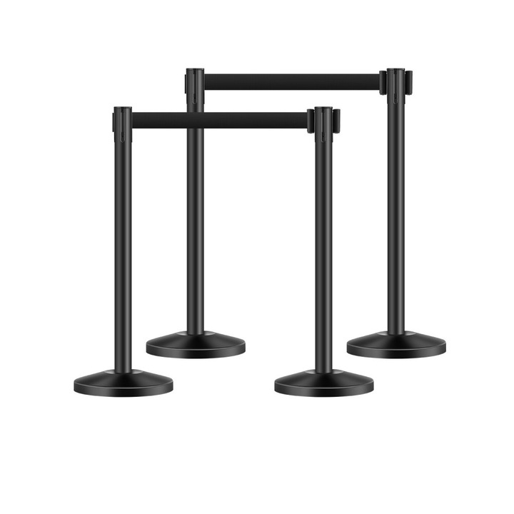 Stalpi delimitare cu 4 curele retragete, set de 4 bucati, baza goala pentru injectie nisip, culoare negru/argintiu