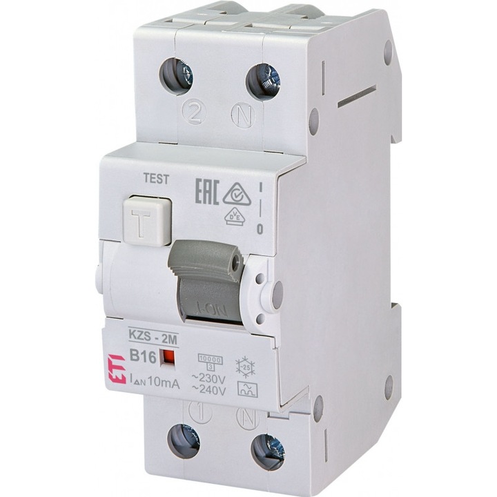 Siguranță electrică Eti Diferential RCBO KZS-2M A B16/0.01, 1+N, 16A, 0.01A, 240V, 10kA, 35x88x76mm