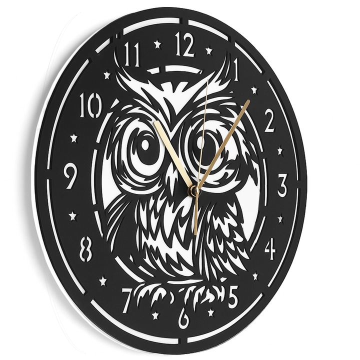 Ceas de perete Bufnita – 30 cm, Lemn MDF Negru, Decupaj Laser, Decor casa, Cadou simbolic