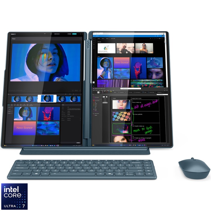 Лаптоп Lenovo Yoga Book 9 14IAH10, Intel® Core™ Ultra 7 255H, 2x 14" 2.8K WQXGA+, OLED, 120Hz, сензорен екран, 32GB LPDDR5x RAM, 1TB SSD, Intel® Arc™ 140T, Windows® 11 Home, Tidal Teal, 3y on-site Premium Care