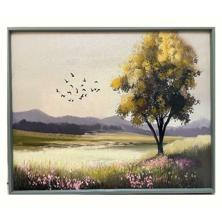 Tablou pictat mecanic in ulei – Peisaj lacustru cu copac solitar, 50x40 cm, cu rama din aluminiu