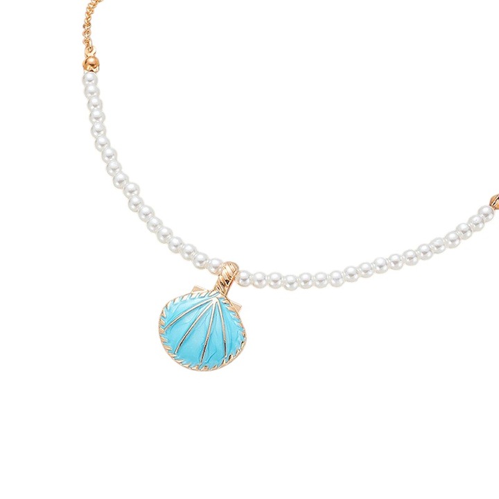 Colier dama cu pandantiv scoica, Histo Tree, Aliaj/Perle, 45cm, albastru deschis