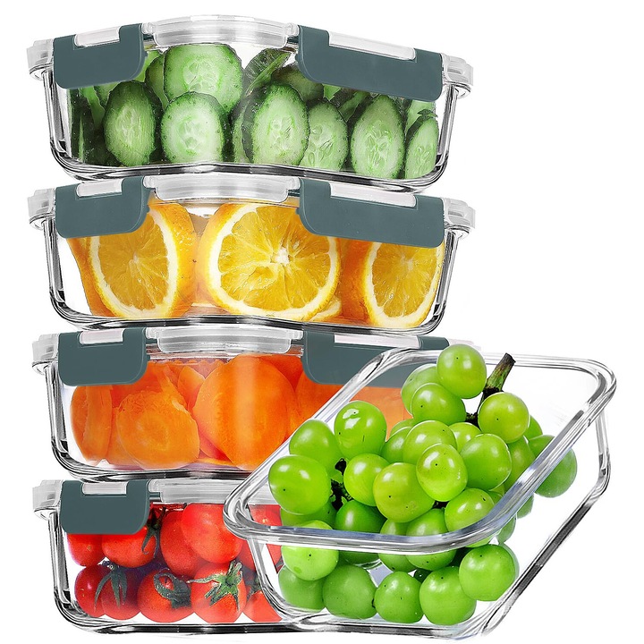 HNSMART 5 részes üveg élelmiszertároló doboz készlet, 1080ml, átlátszó, téglalap alakú, légmentesen záródó fedél