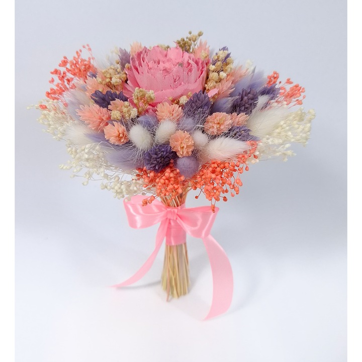 Buchet mic cu trandafir ming si flori naturale criogenate si uscate, Roz/Mov