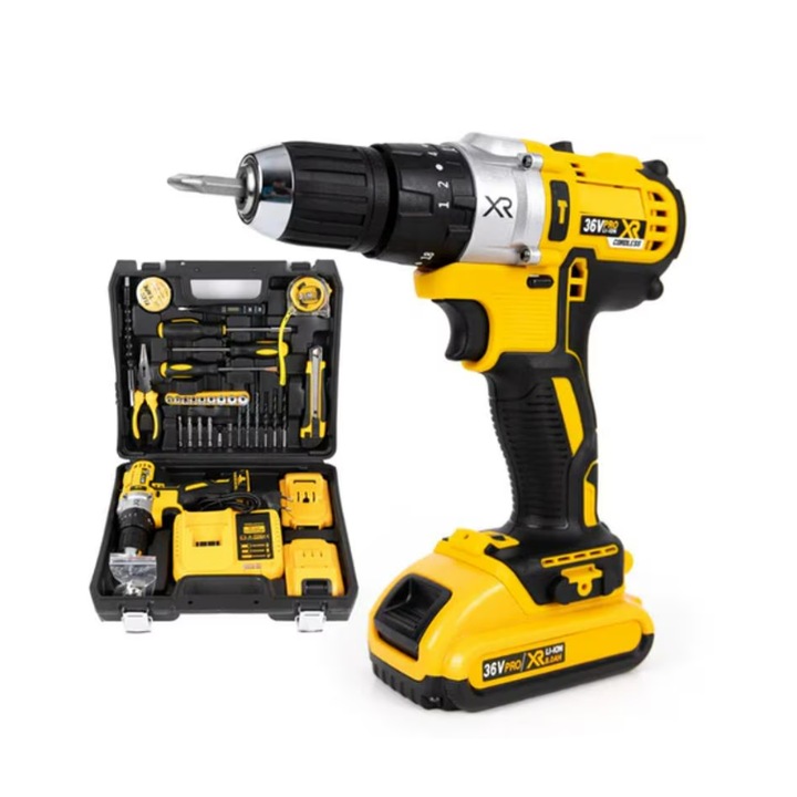 Електрическа бормашина и винтоверт, самонарезен, 2 батерии, 30 аксесоара, 36 V, 500 W, зарядна станция, чанта за носене