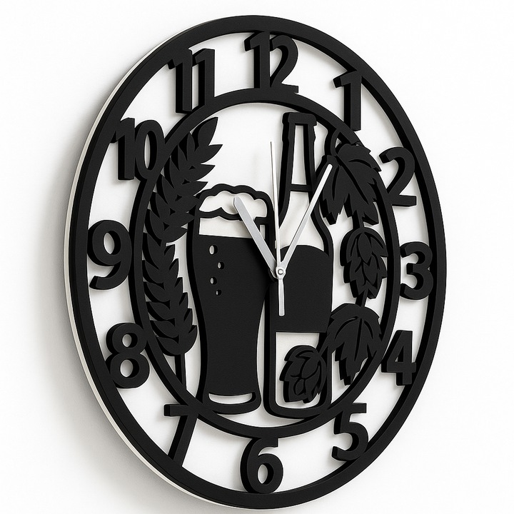 Ceas de perete Bere – 30 cm, Lemn MDF Negru, Decupaj Laser, Decor bar, Cadou pentru barbat
