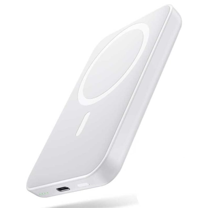 Incarcator wireless magnetic MagSafe, compatibil iPhone, Portabil, 5000 mAh, Fast Charge, Alb