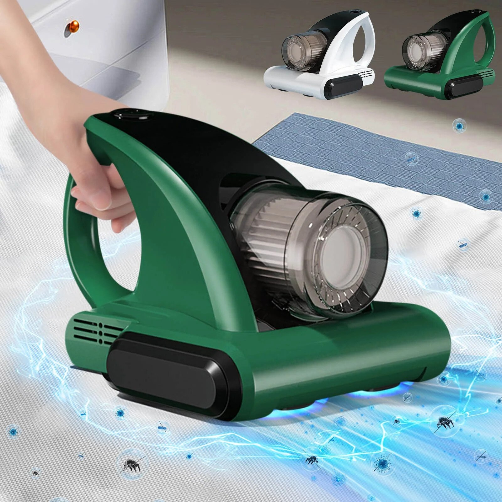 Aspirator portabil compact pentru pat si canapea, alb-verde, multifunctional