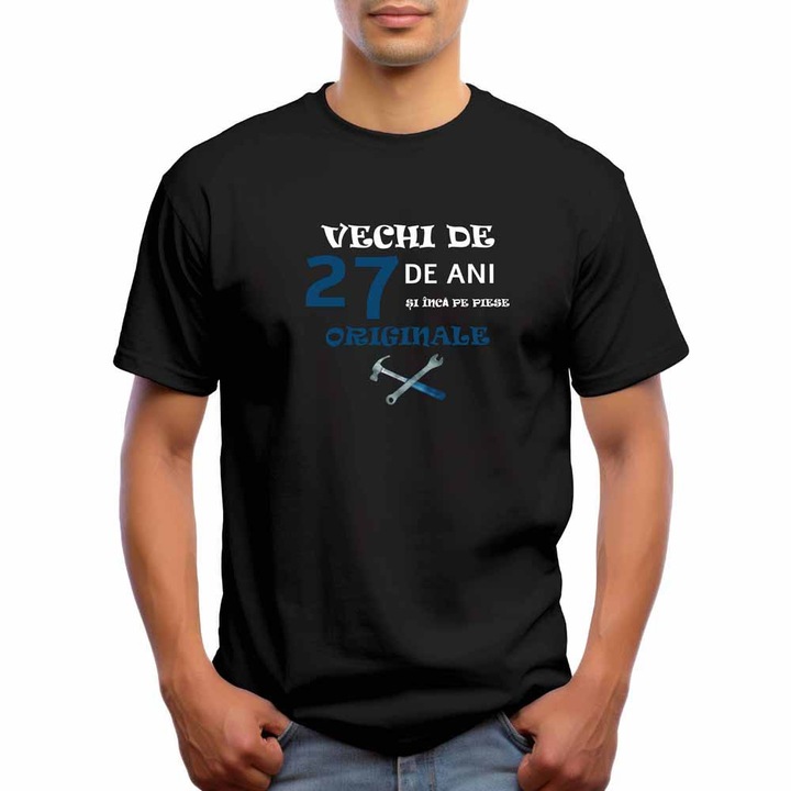 Tricou barbati personalizat, Vechi de 27 ani si inca pe piese originale, Intelli NB 837, Negru, XL