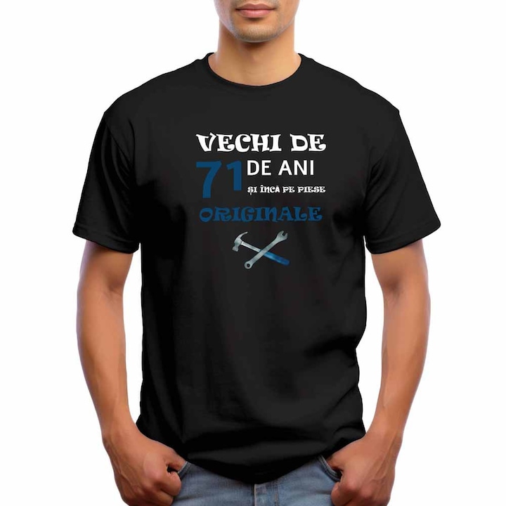 Tricou barbati personalizat, Vechi de 71 ani si inca pe piese originale, Intelli NB 881, Negru, M