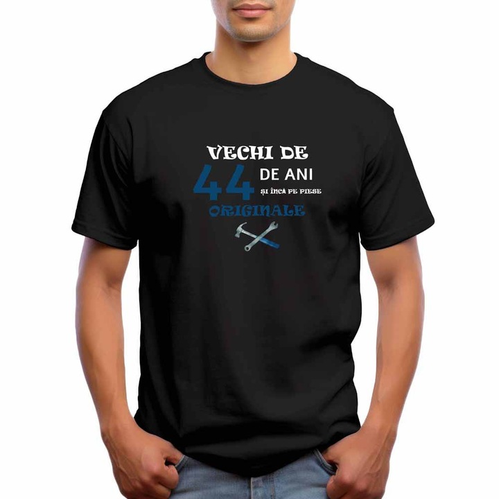 Tricou barbati personalizat, Vechi de 44 ani si inca pe piese originale, Intelli NB 854, Negru, 3XL