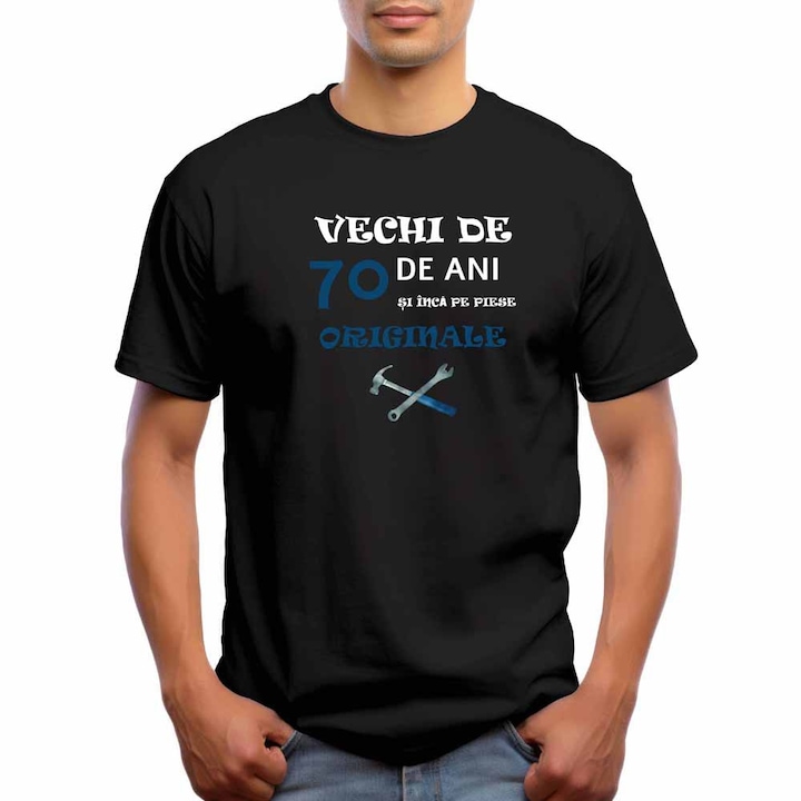 Tricou barbati personalizat, Vechi de 70 ani si inca pe piese originale, Intelli NB 880, Negru, 3XL