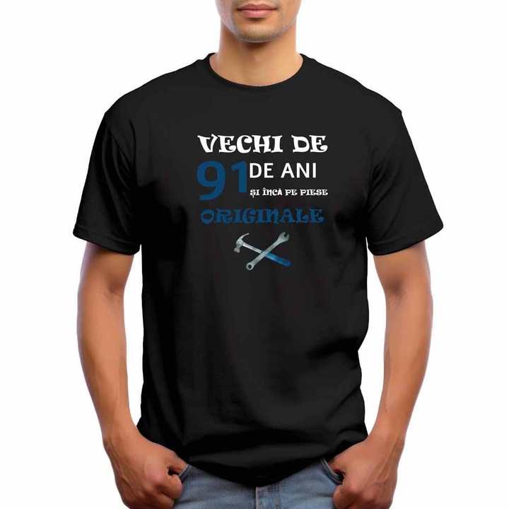 Tricou barbati personalizat, Vechi de 91 ani si inca pe piese originale, Intelli NB 901, Negru, 2XL