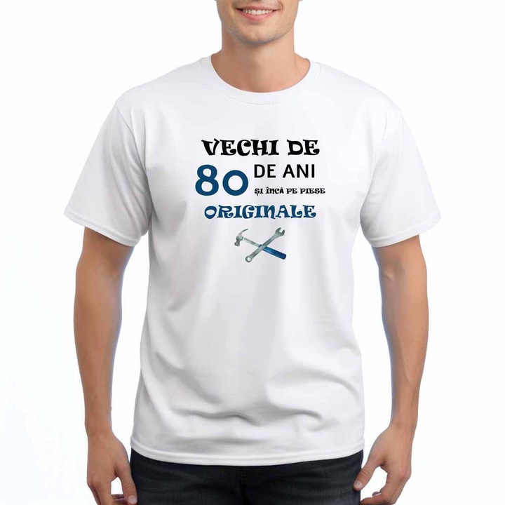 Tricou barbati personalizat, Vechi de 80 ani si inca pe piese originale, Intelli NB 890, Alb, XL