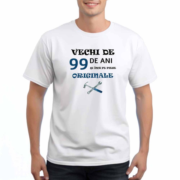 Tricou barbati personalizat, Vechi de 99 ani si inca pe piese originale, Intelli NB 909, Alb, S