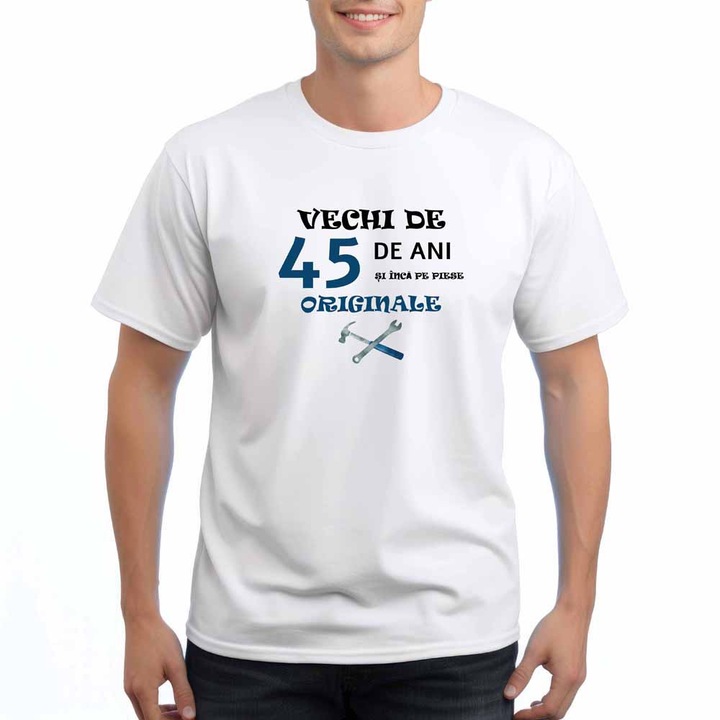 Tricou barbati personalizat, Vechi de 45 ani si inca pe piese originale, Intelli NB 855, Alb, XL