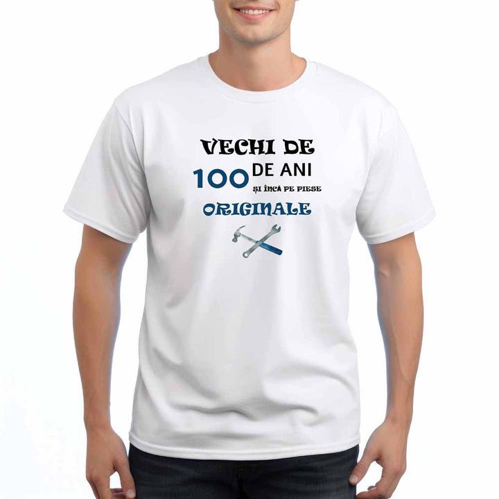 Персонализирана мъжка тениска, на 100 години и все още с оригинални части, Intelli NB 910, Бяла, 3XL