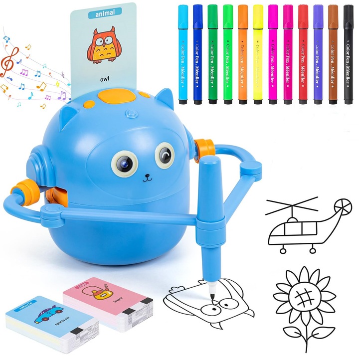 Robot Educational Interactiv pentru Desen HNSMART - Jucarie Montessori cu 100 Carduri cu Cuvinte si Interactiune Vocala, pentru Copii 3+, 12 Creioane Colorate, Albastru, 11x12.5x11cm