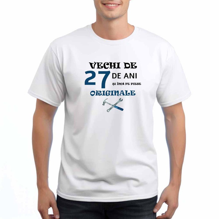 Tricou barbati personalizat, Vechi de 27 ani si inca pe piese originale, Intelli NB 837, Alb, S