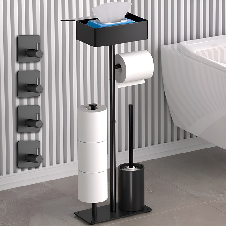 Поставка за тоалетна хартия, Gavriet™, 4 in 1, Многофункционален, Кутия за съхранение, Стойка за тоалетна хартия, Четка за тоалетна, Включени 4 кукички, 60 x 24 x 12 см, Неръждаема стомана, Черен