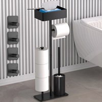 Suport pentru Hartie Igienica, Gavriet™, 4 in 1, Design Modern, Multifunctional, Cutie de Depozitare, Rezerva pentru Hartie Igienica, Perie de Toaleta, 4 Carlige cu Adeziv Incluse , 60 x 24 x 12 cm, Metal, Inox, Negru