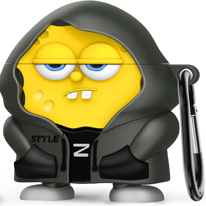 Husa pentru casti, TREXORA, compatibila cu AirPods 4, design SpongeBob, Rezistenta la socuri, Multicolor