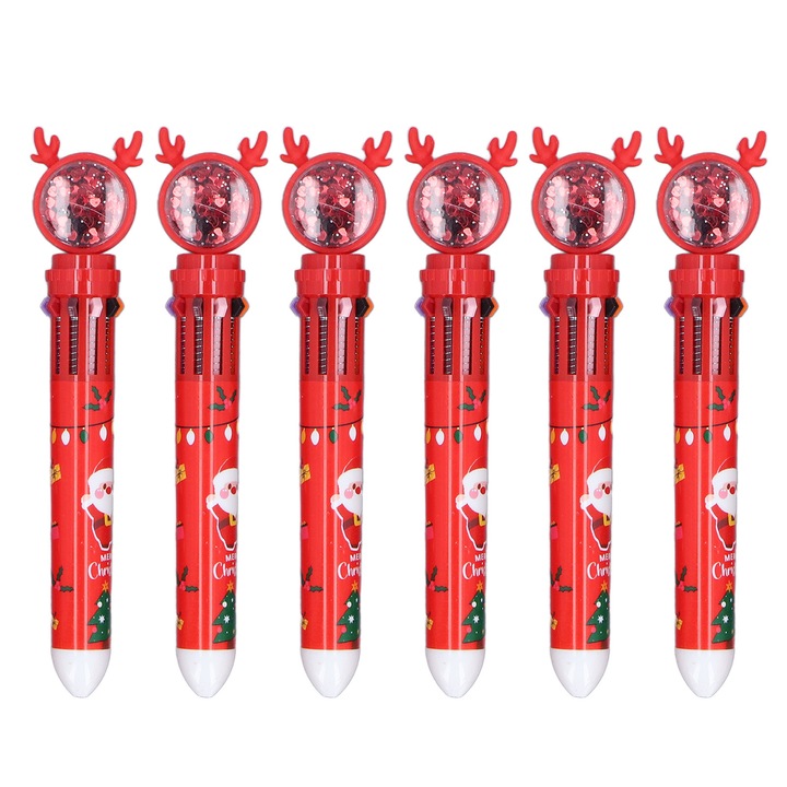 Set 6 pixuri cu bila de Craciun, cu 10 culori, plastic, rosu, 16 cm