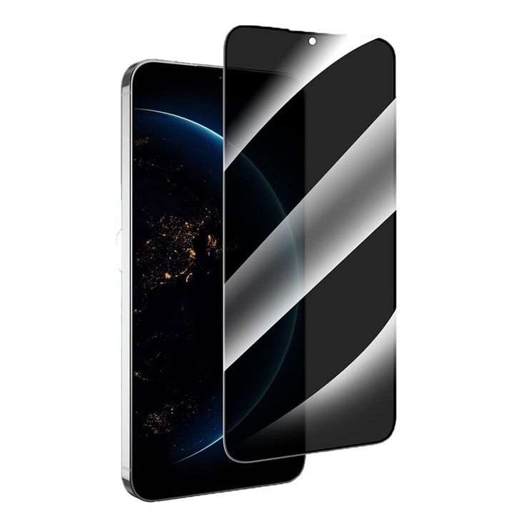 Nagy pontosságú adatvédelmi fólia Samsung Galaxy S25 Edge készülékhez, OPTIM MEGOLDÁS, Crystal AntiSpy edzett üveg, csúcsminőségű 9H védelem, teljes ragasztó, biztonságos kijelző, érzékeny érintőképernyő, Optim Solution Premium Tech, fekete