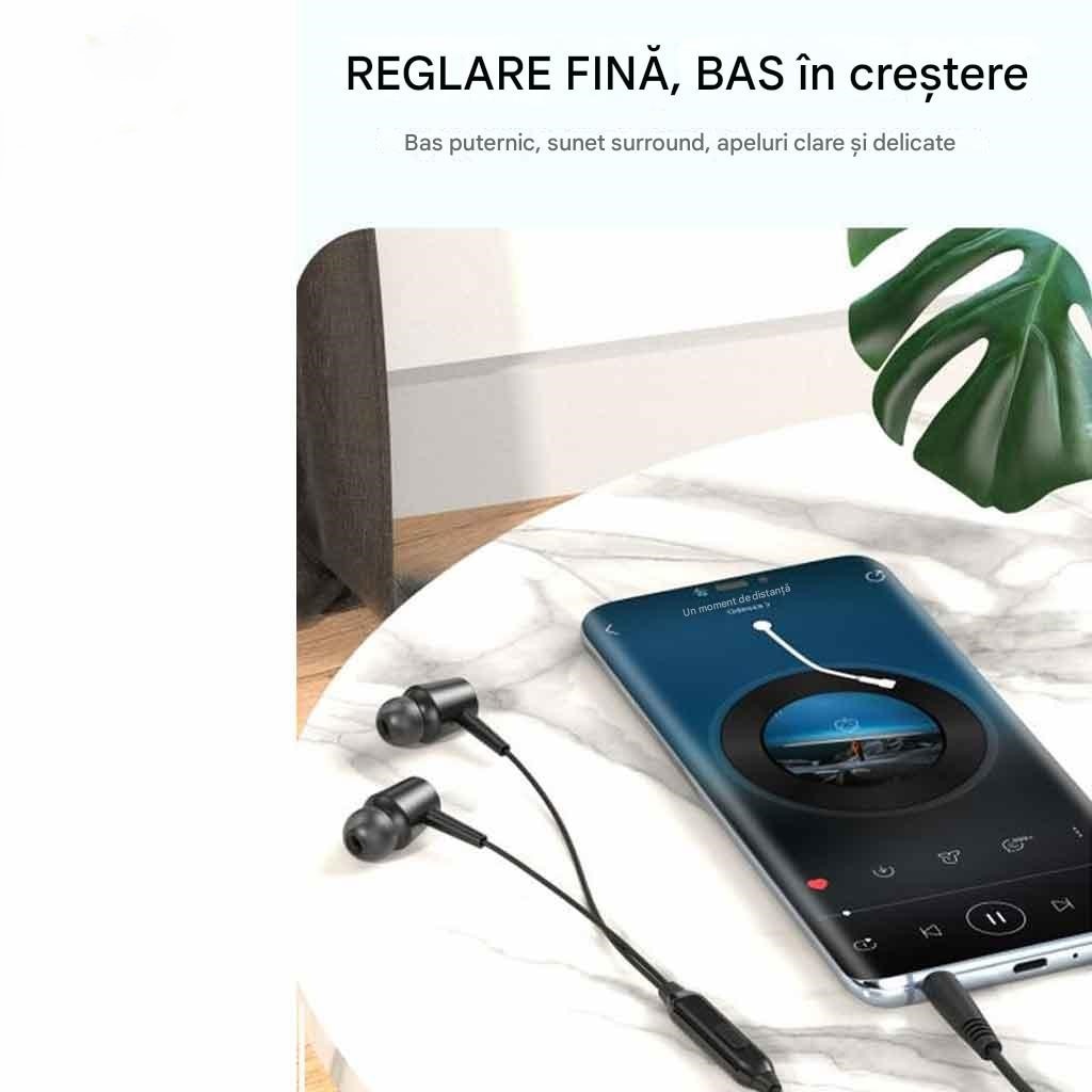 Casti cu Fir In Ear, Conector 3.5 mm Jack, Microfon Integrat, Buton de Control al Volumului, Stereo de Inalta Calitate, Calitate Sunet HiFi, Compatibil cu Android si Ios, Compatibilitate larga, Izolare zgomot, Negru