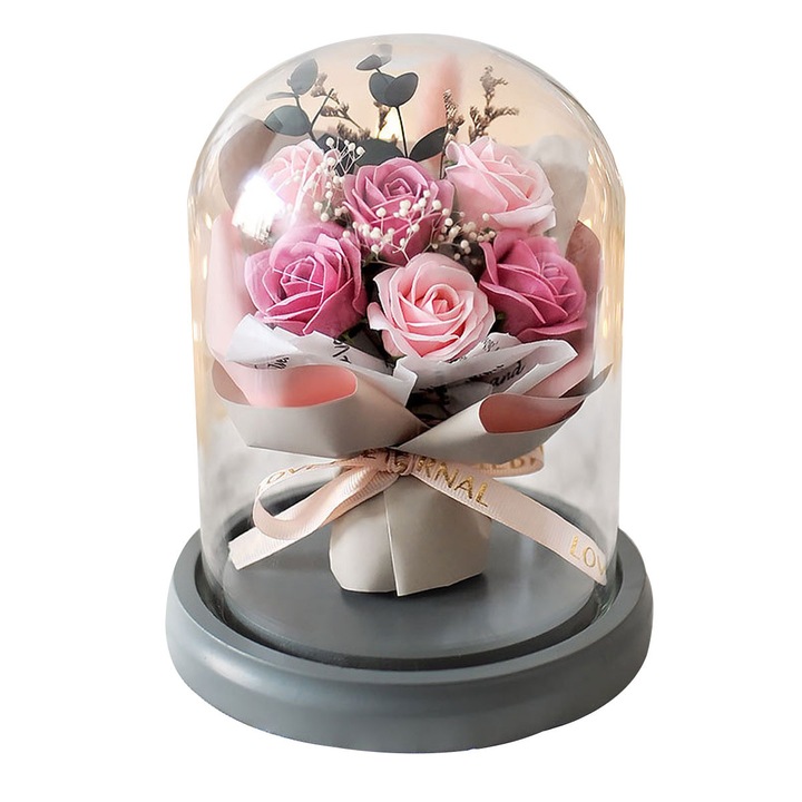 Buchet trandafiri sapun cu lumina si capac sticla, multicolor, 20x15x15cm