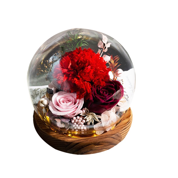 Trandafir conservat in cupola de sticla cu lumina LED, cadou floral, rosu, 15x20cm