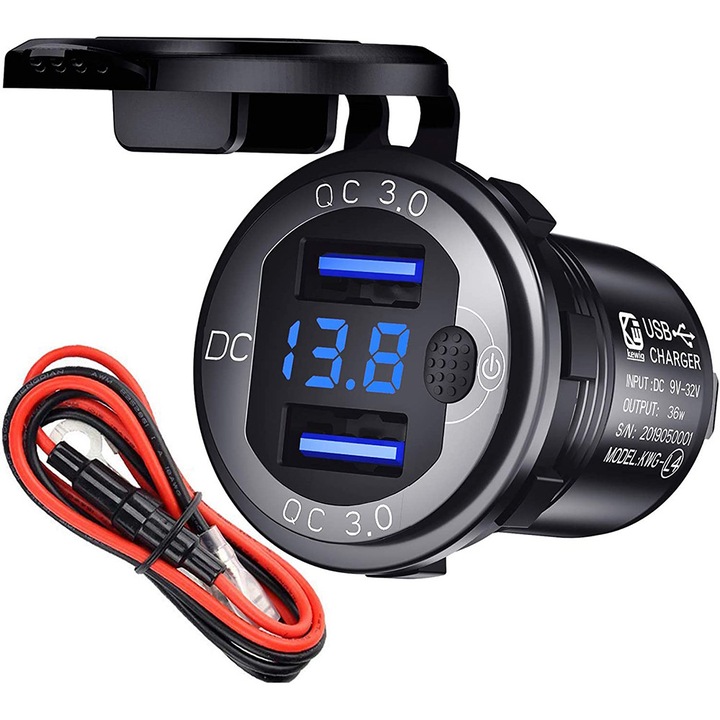 QC3.0 kettős USB aljzat, gyorstöltés, vízálló fém, 12V/24V, autóhoz, motorkerékpárhoz, lakókocsihoz, hajóhoz, teherautóhoz