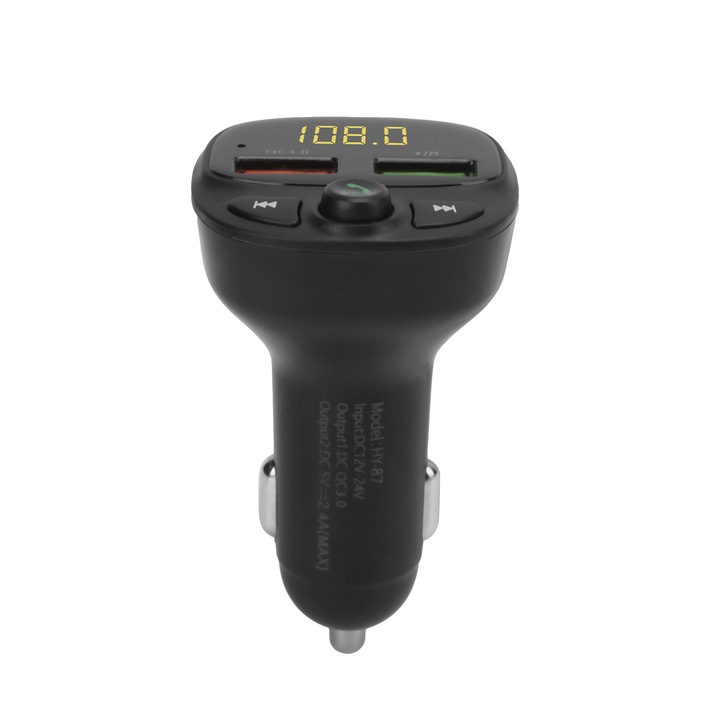 Kettős USB FM adó autóba, Bluetooth 5.0, LED kijelző, 12-24V